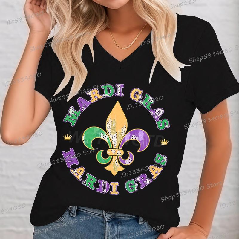 Womens T Shirt Vintage Mardi Gras Fleur Print Short Sleeve V Neck Tshirt Classics Festival Carnival Party FeUnisex MardiGras Tee