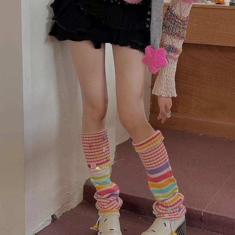 Ankola Red Colorful Y2K Hot Girl Striped Leg Warmers Contrast Color Style Slouchy Knitted Wool Leg Sleeves