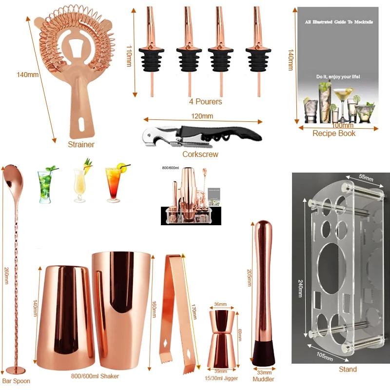 20pcs Black/Rose Gold/Silver 800/750/600ml Boston Shakers Bartender Kit Cocktail Shaker Set Bar Tools Stand Cocktail Recipe