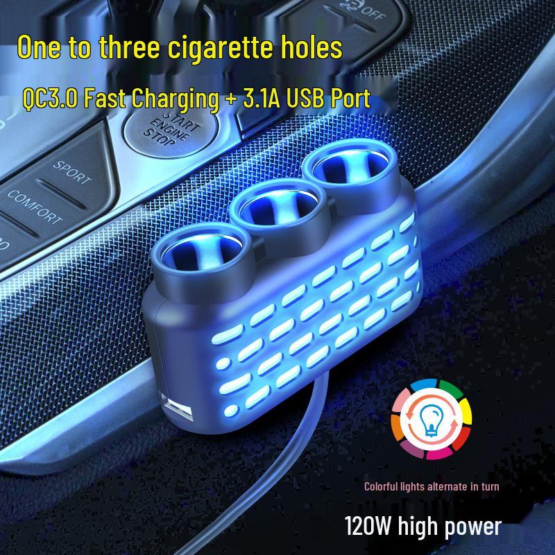 

Светодиодное автомобильное зарядное устройство с семью цветами: Разветвитель прикуривателя 1 на 3, быстрая зарядка QC3.0+USB+PD, универсальная совместимость 12 В/24 В