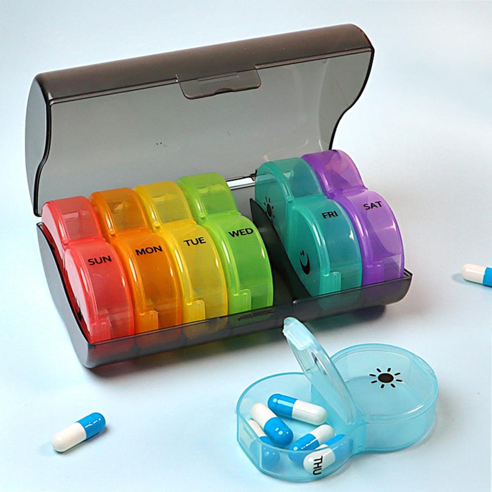 Portable Weekly 7 Days Pill Box Colorful Stackable 2 Times A Day Medicine Organizer Plastic Storage Box