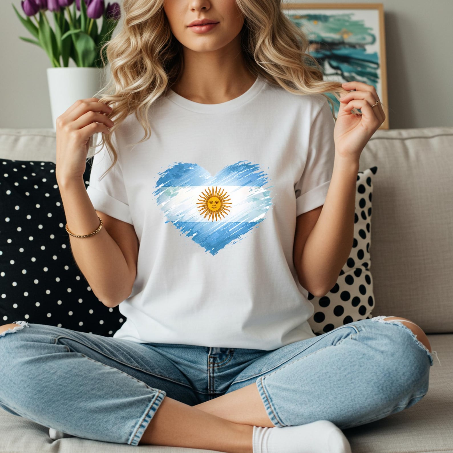 Argentina Heart Flag T-Shirt | Argentina Soccer Fan Tee L
