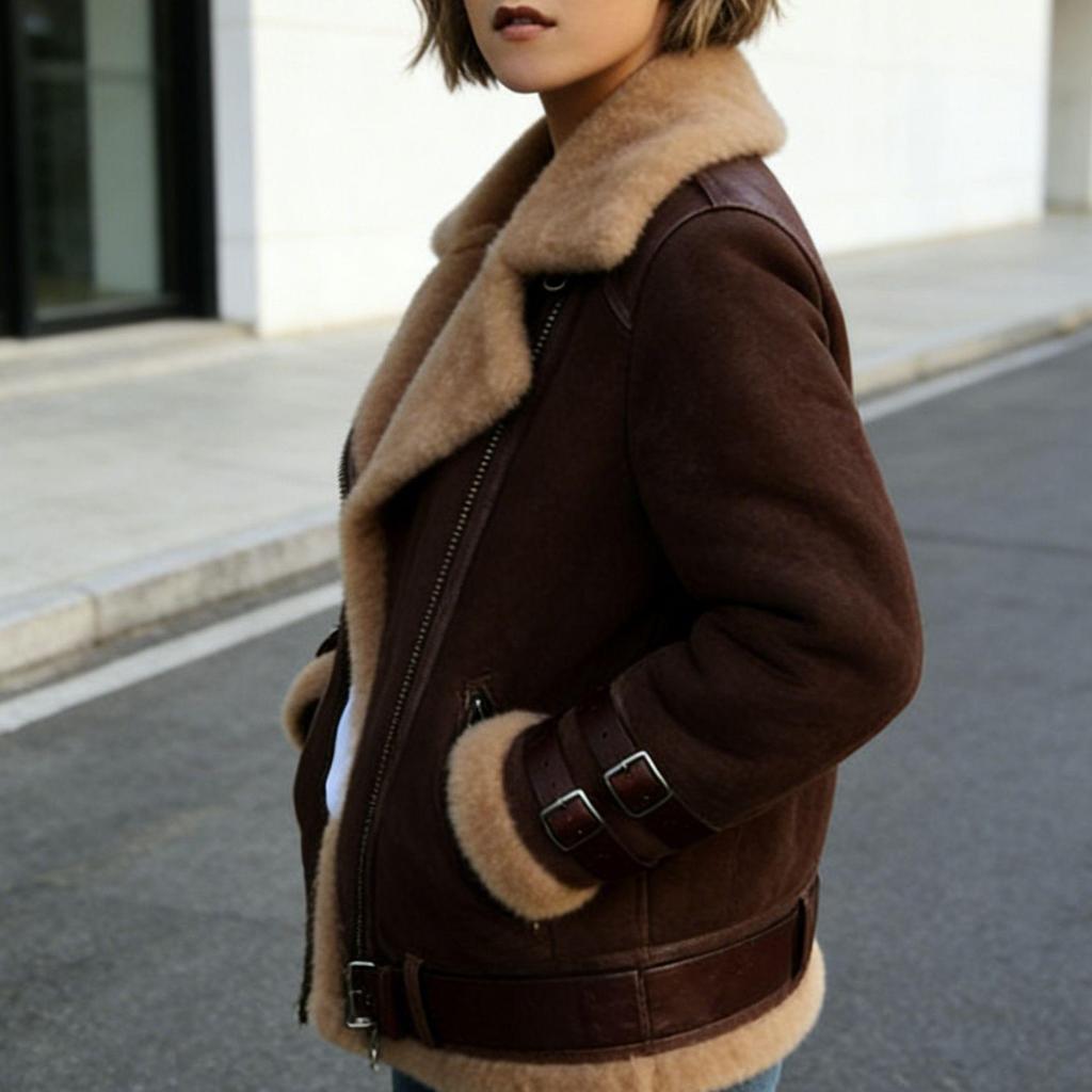 Giacca da Donna 2024 in Pelle Scamosciata, Lana d'Agnello e Pelle - Autunno/Inverno con Collo di Pelliccia, Cotone, Capo d'Abbigliamento Esterno