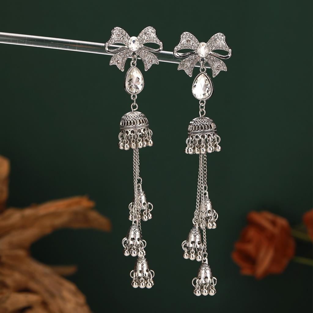 Bow-Set Diamond-Fringed Wind Chime Earrings For Women, Retro Ethnic Feng Shui Drop Elegant Temperament Earrings