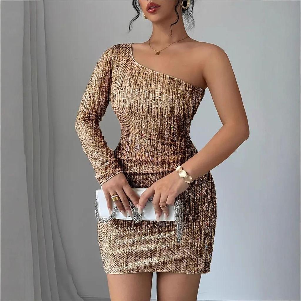 Women's Spring Autumn New Sexy Sequin One Shoulder Mini Dress Long Sleeve Ruched Bodycon Slim Fit Elegant Evening Party Night Club Cocktail Dress