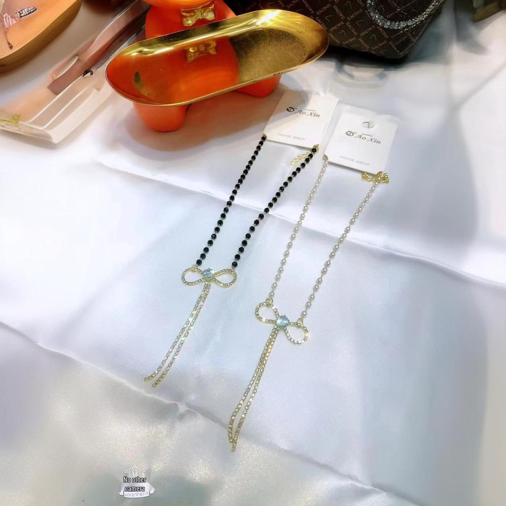 2024 Bow Knot Pearl & Rhinestone Double Layer Tassel Choker Necklace for Women