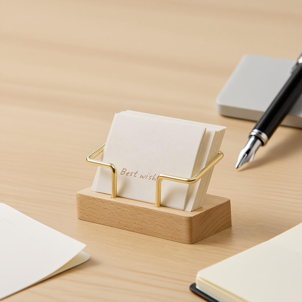 1pc Modern Walnut Wood & Metal Business Card Holder With Golden Accents, Durable Office/Home Use, Fits Index Cards, Desk Card Case