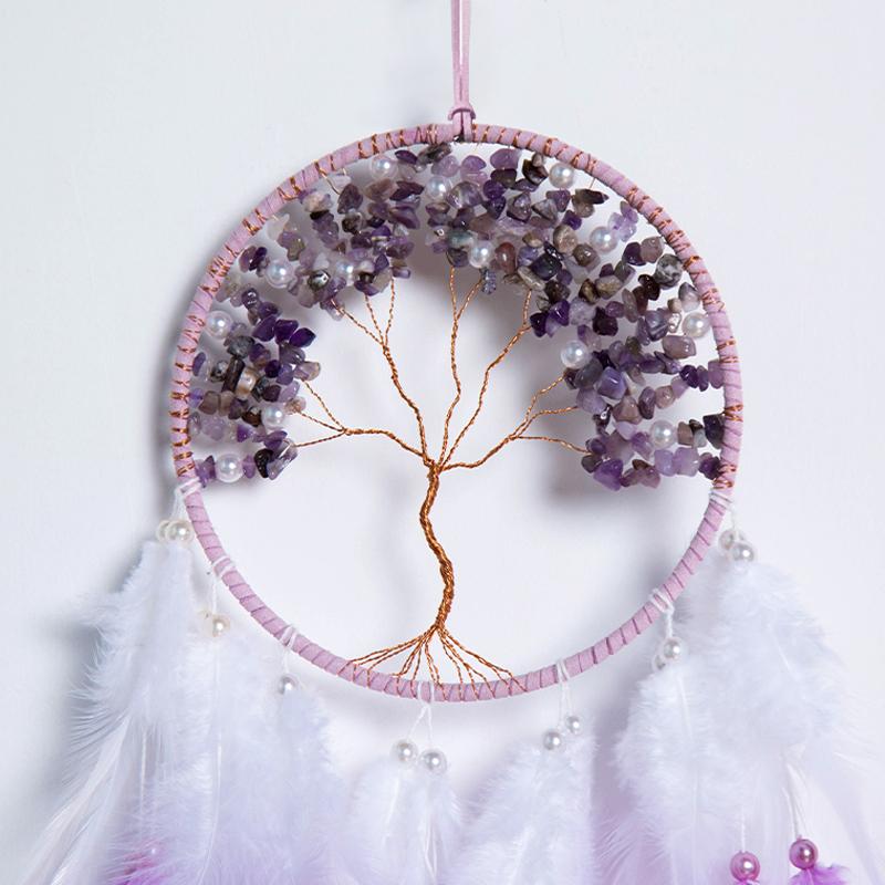 3 Colors Dream Catcher Crystal Stone Wind Chime Boho Hand-woven Feathers Bedroom Hanging Ornaments Festival Gift Home Decoration