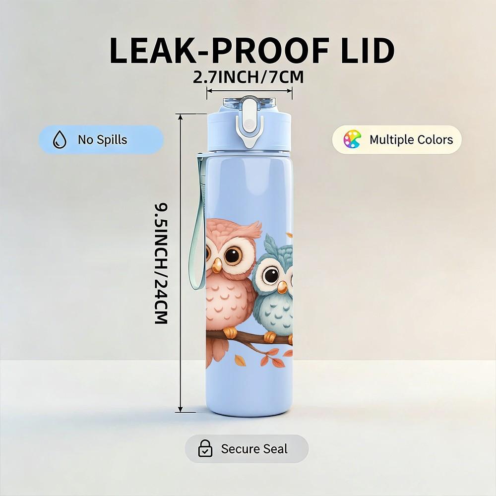 1PC Twin Owl Bird Branch Bust 750ml Color Plastic Sports Water Bottle Leakproof Flip Straw Lid For Sports Office Home Use