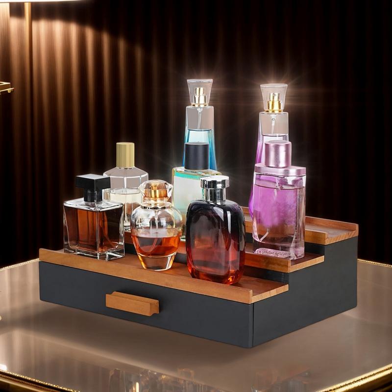 Wooden Cologne Display Stand Organizer For Men 3 Tier With Drawer Storage Perfume Organizer perfect gift for men home supplies