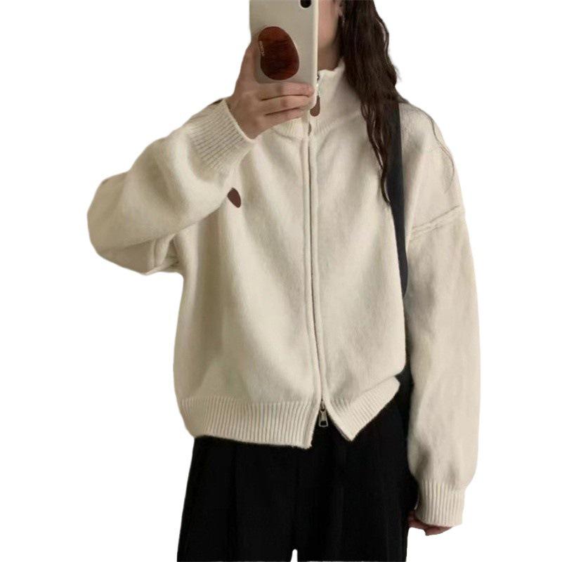 Women's Korean-Style Double Zipper Stand Collar Knit Cardigan - Loose Fit, Casual, Autumn/Winter 2024 Sweater Coat