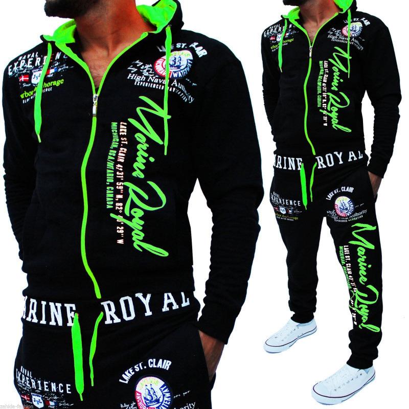 Men's Printed Hooded Sweatshirt and Pants Two-Piece Sportswear Set