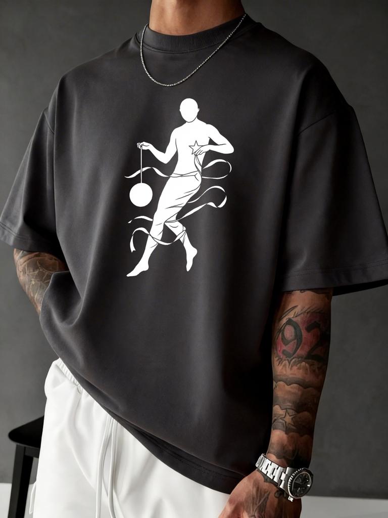 Unisex Black Crew Neck Tee Star Figure Silhouette Print Loose Oversized Short Sleeve Unisexs Streetwear Summer Casual Basic Top