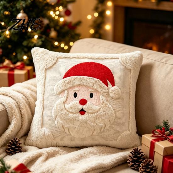 Cozy Knitted Plush Pillow Covers Christmas Pillowcase, 3D Embroidered Design Soft Throw Decorative Cases Cover, Cushion Cover for Holiday Home
