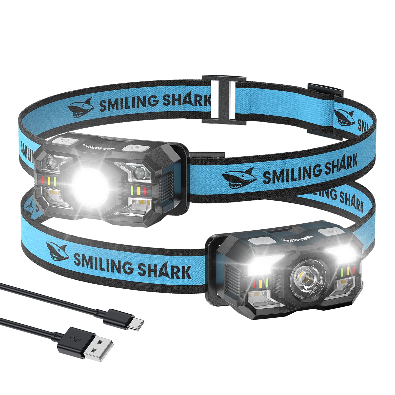 

Налобный светодиодный фонарь Smiling Shark, перезаряжаемый, луч, для улицы, USB, белый и красный стробоскоп, регулируемый, водонепроницаемый IPX4, до 8 часов работы, идеально подходит для мощности и чёрный
