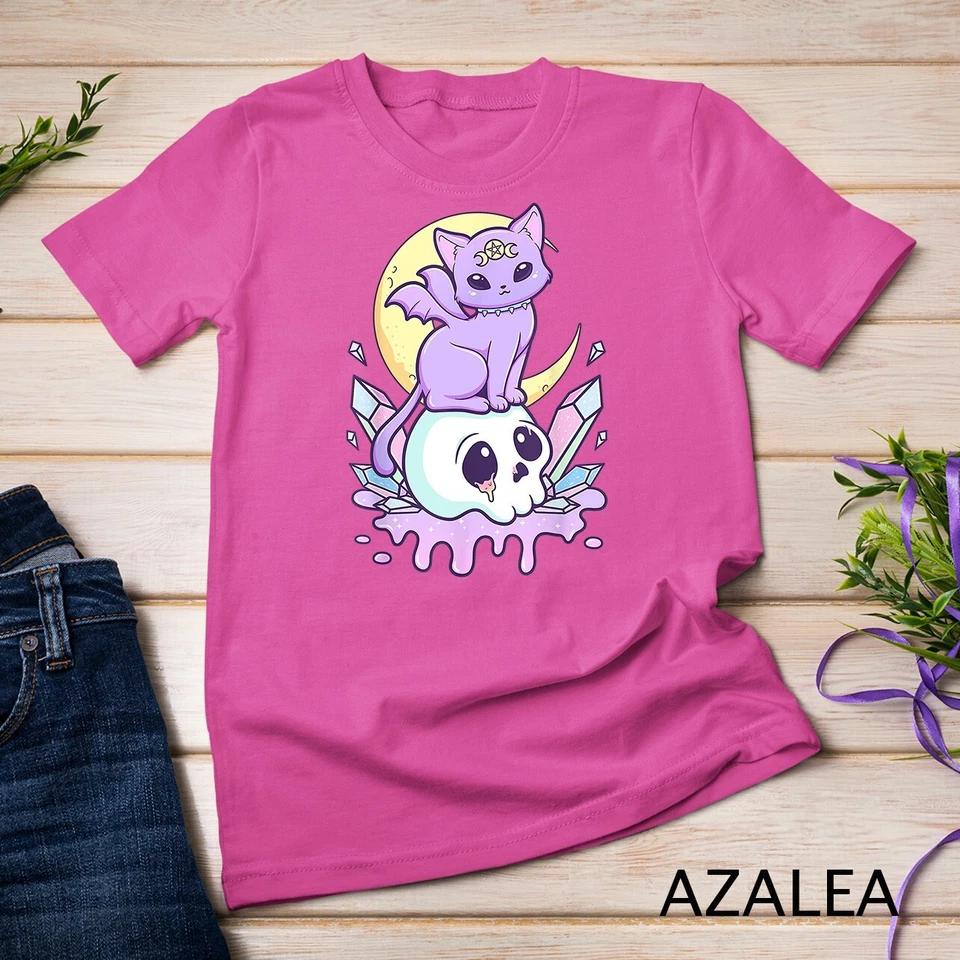 Kawaii Pastel Goth Cute Creepy Witchy Cat and Skull Anime Unisex T-shirt 6 S