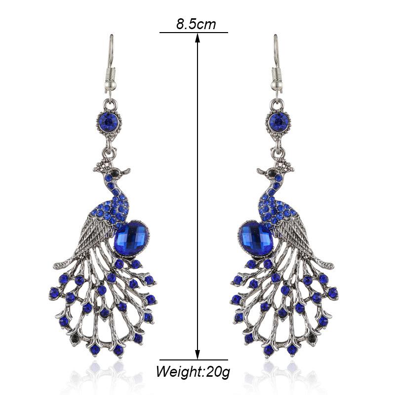 Vintage Ethnic Colroful Rhinestone Peacock Dangle Earrings For Women Long Classic Silver Color Animal Earrings Female Jewelry