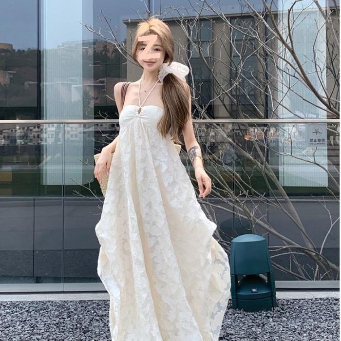Seaside Vacation Backless Neck Dress, Children's Spring and Summer New Models with Chest Pads, Pure Desire Hollow Mid-length Dress