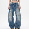 Unisex American Retro Tie-Dye Distressed Jeans, Cat Whiskers Design, Casual Straight/Wide Leg.