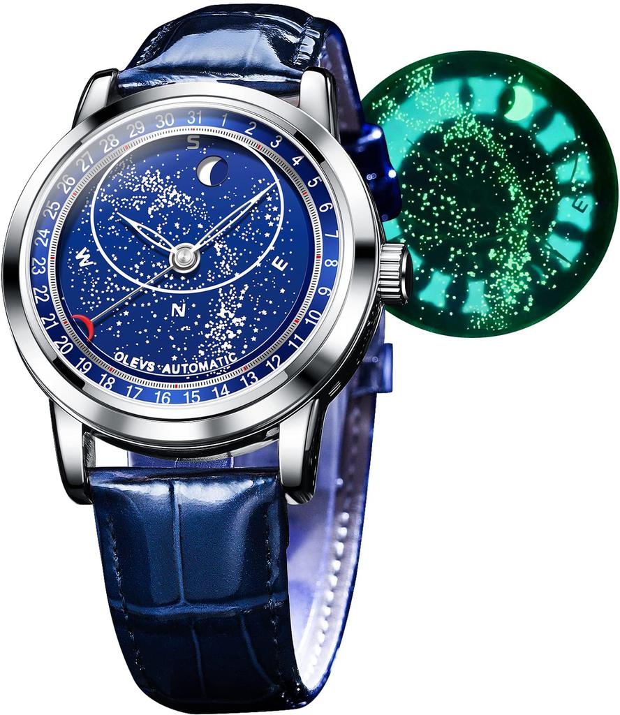 OLEVS Men's Cool Starry Sky Automatic Watch with Luxury Leather Strap, Skeleton Design, Waterproof, Blue…