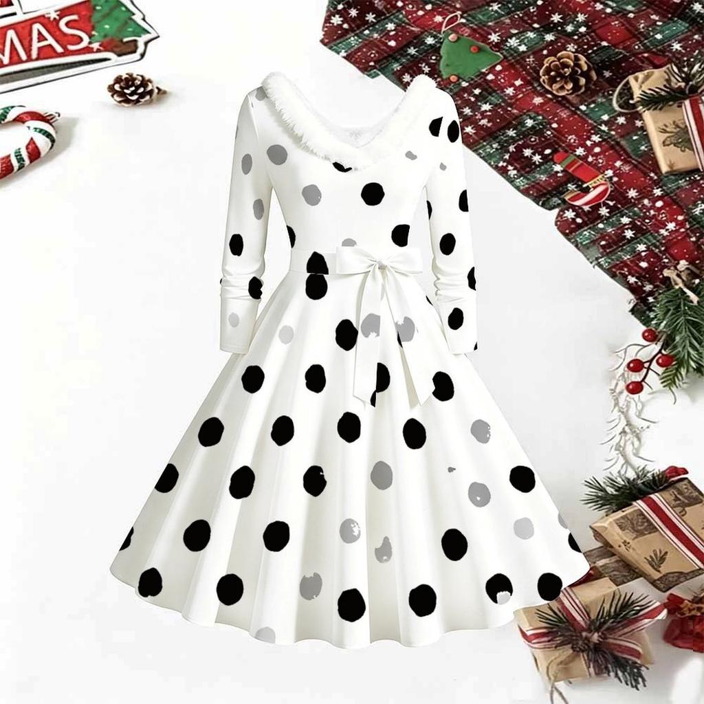 Women Polka Dot Print Midi Dress, Long Sleeve V‑Neck Furry Trim A‑Line Party Dress, Christmas Limited Edition