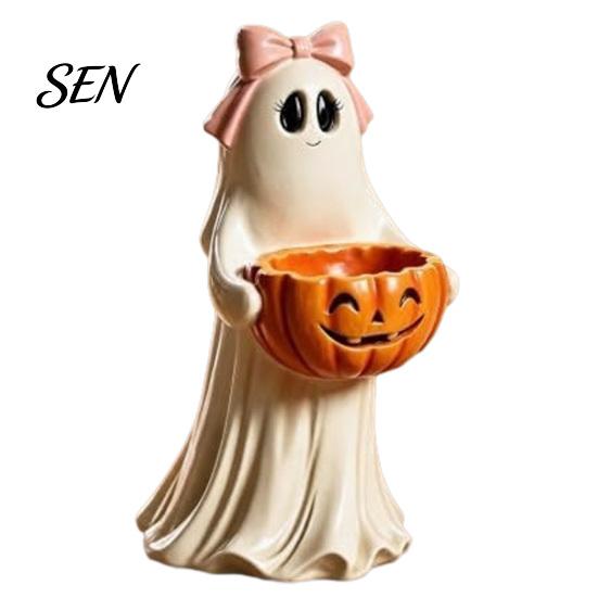 Holiday Atmosphere Enhancers Resin Ghost Statue with Pumpkin Candy Bowl for Halloween Table Decor, Cute Desk Decor Office Desktop Organizer