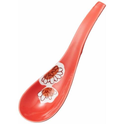 Arita Ware "Ultimate Renge" Ramen Spoon, Red Glazed Chrysanthemum Design, Approx. 16cm Diameter, Ceramic, Dishwasher Safe, Made in Japan, R2001