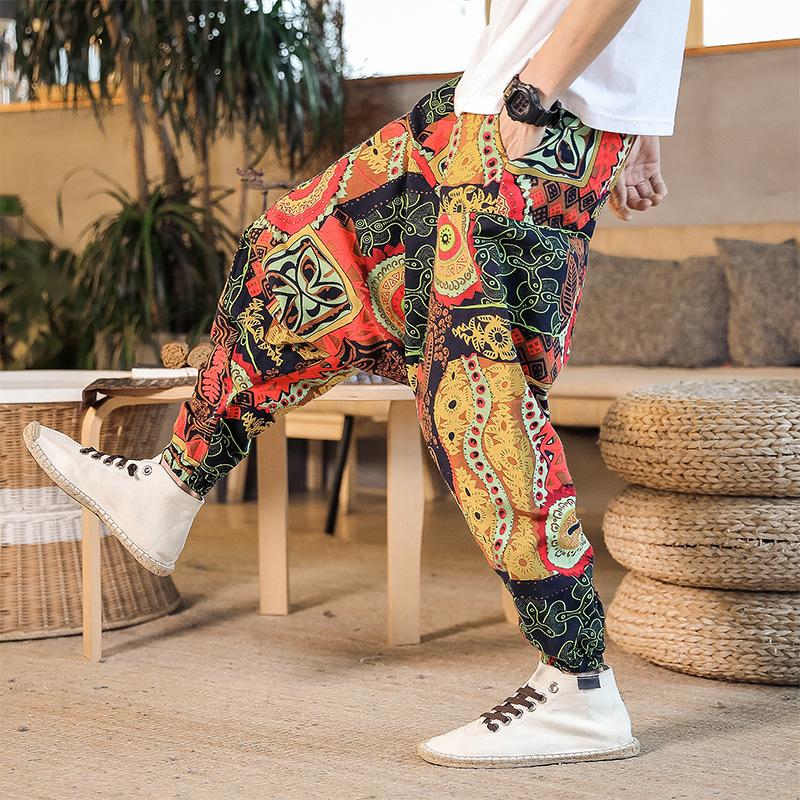 Men Harem Pants Print Retro Drop Crotch Joggers Trousers Men Baggy Loose Nepal Style Men Casual Pants