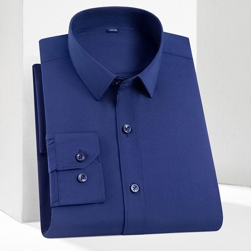 Bamboo Fiber 8XL Classic Stripes Plaid Solid Color Work Blue White Shirt Men Long Sleeve Slim Fit Big Size Men Shirt Long Sleeve