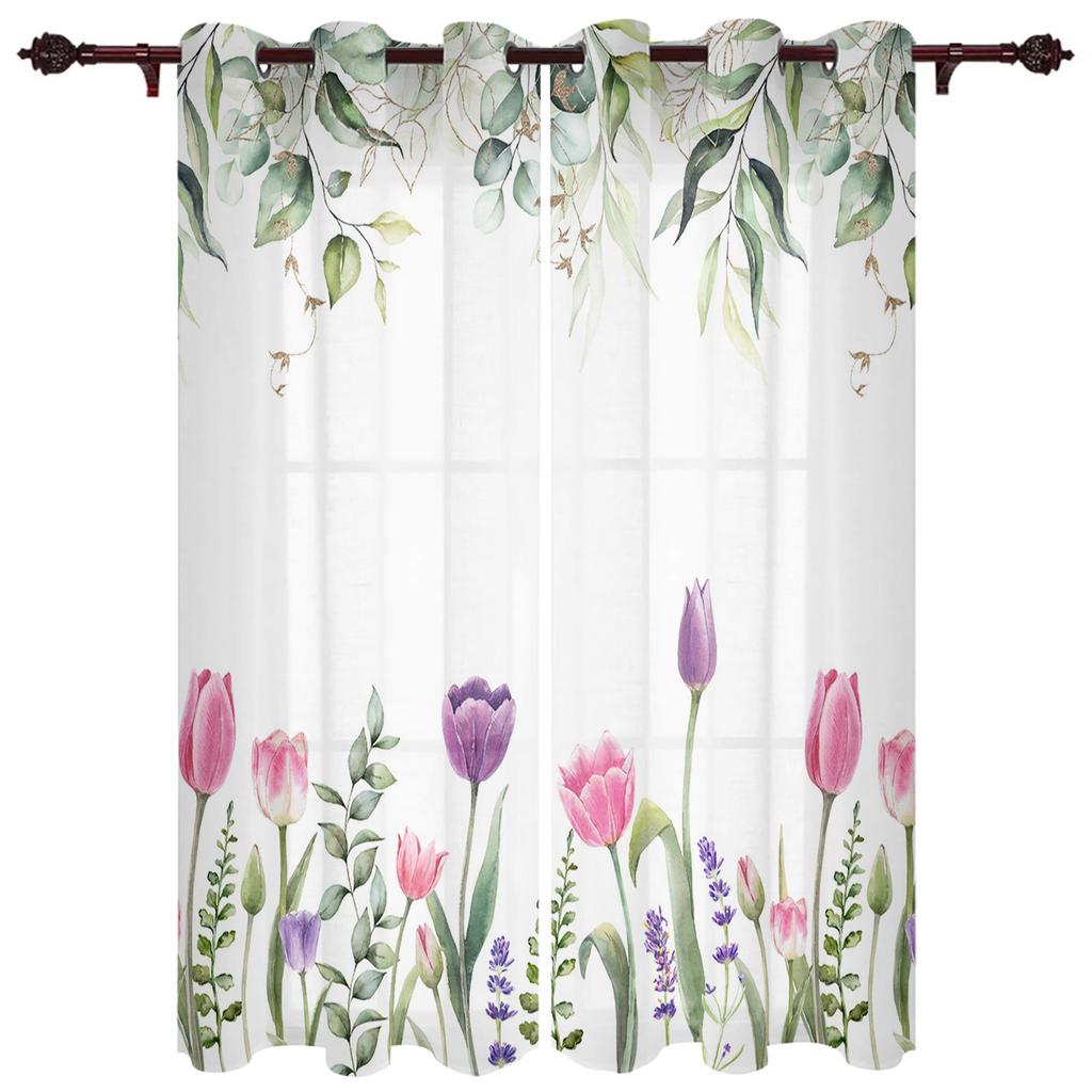 Spring Tulip Flower Plants Window Curtain Living Room Luxury Valance Curtain for Bedroom Home Kitchen Decor Curtain