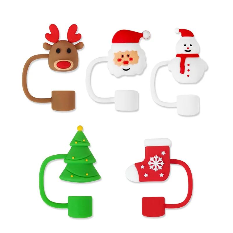 5Pcs Christmas Straw Hat Cup Silicone Straw Topper Tumbler with Handle Dust-Proof Reusable 10mm Beverage Straw Topper