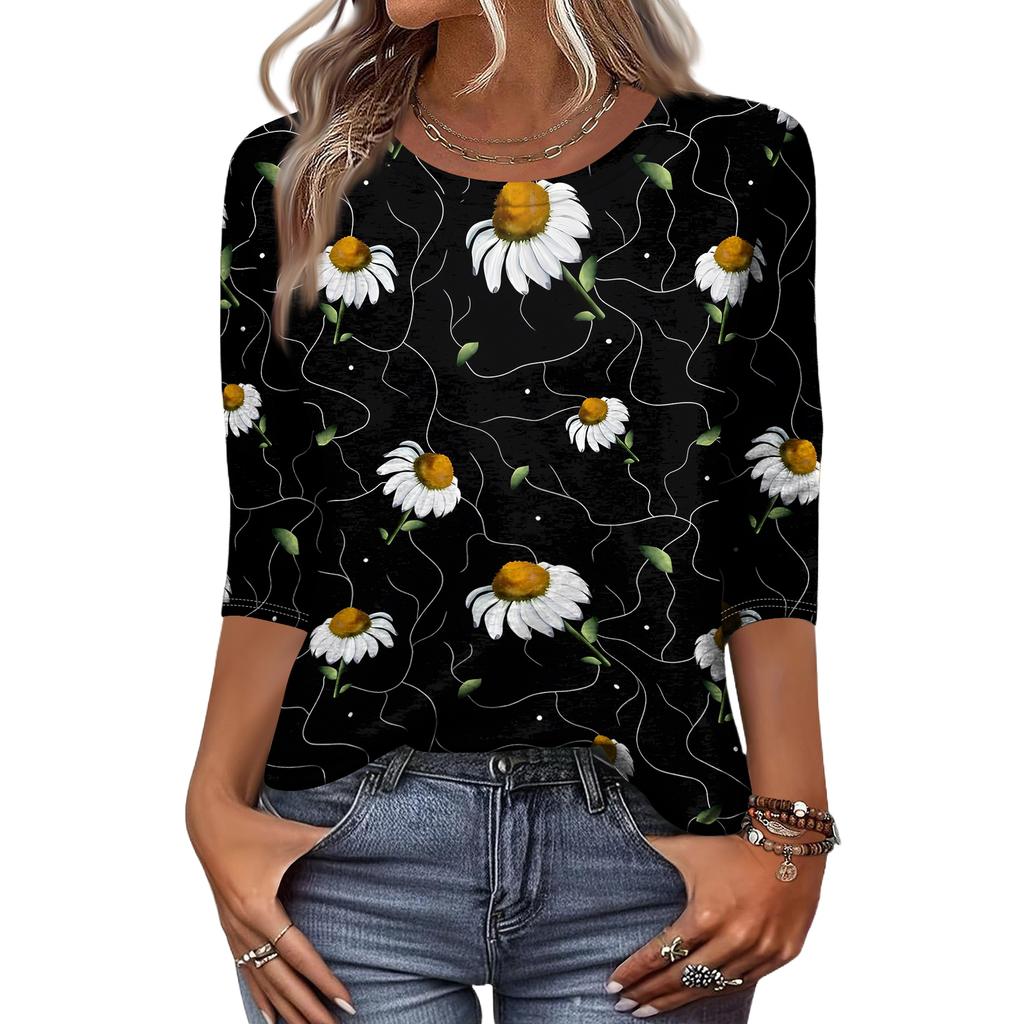 Women's Fashion Casual Round Neck 3/4 Sleeve Loose Printed T-Shirt Ladies Top