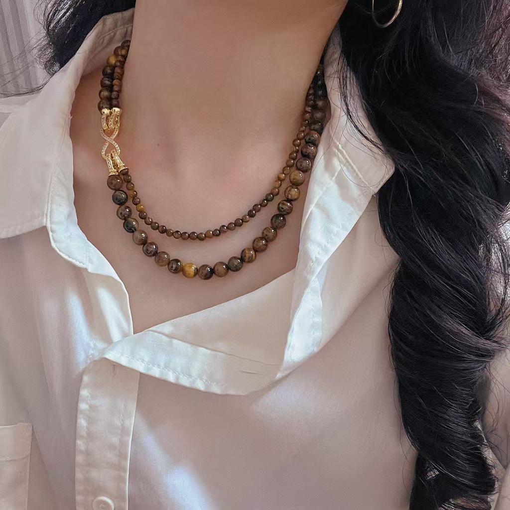 Boutique retro autumn and winter Maillard natural tiger's eye stone removable variety of wearing necklaces sweater chains