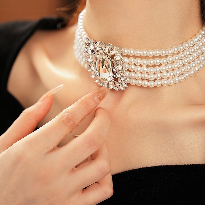 Light Luxury Pearl Bead Multi-Layered Necklace Bracelet With Exaggerated Rhinestones Design Jewelry Earrings For Women Gift
