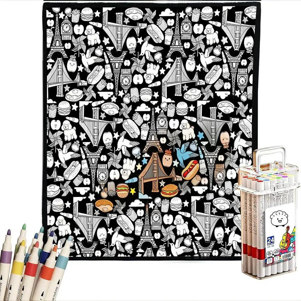 DIY Coloring Blanket With 24 Color Acrylic Markers Floral Theme Cloth Painting Throw Blanket For Sofa Bedroom Decor Gift