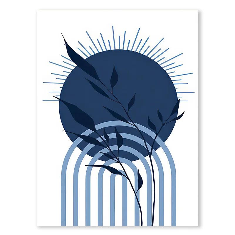 Boho Blue Abstract Modern Wall Art Print Sun Geometric Line Leaf Canvas Painting Nordic Posters Decor Pictures for Living Room