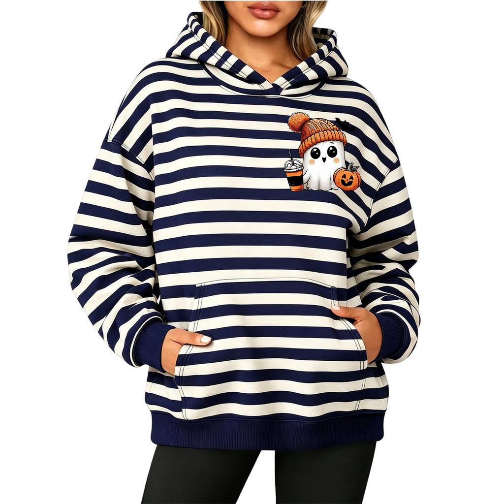 Women's Long Sleeve Striped Print Pullover Hoodie Sweatshirt with Pockets for Halloween