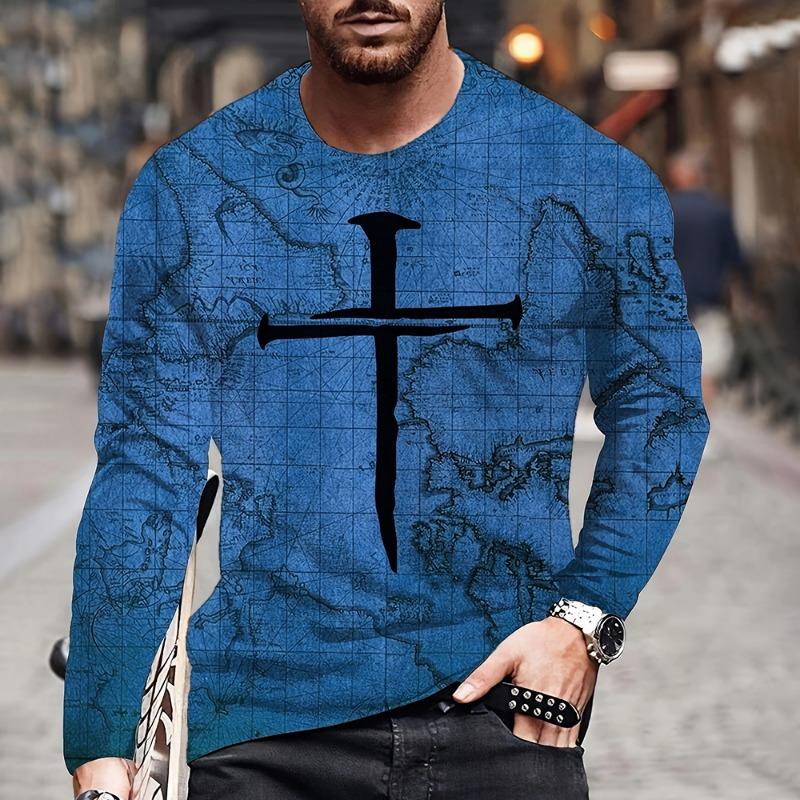 Vintage Herren Langarm T-Shirt Mode Kreuzmuster Langarm 3D Kleidung Seekarte Print Street Harajuku Übergroß
