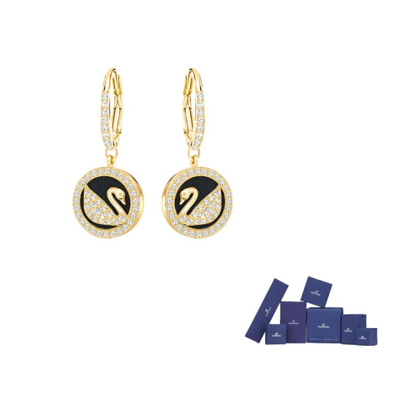 Swarovski Leather Swan Faux Crystal Earrings Womens Gold Original brand box