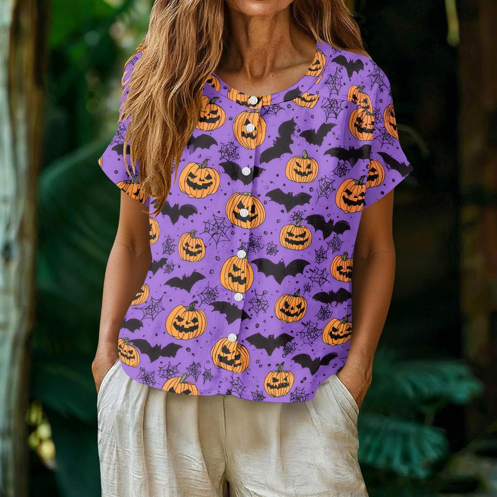 Women Henley Neck Short Sleeve Button Front Shirt Halloween Pumpkin Print Casual Top Lightweight Breathable Fabric
