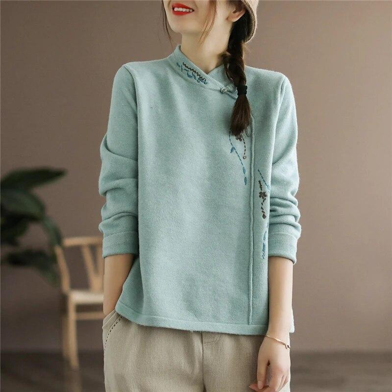 Donna Autunno Inverno Caldo Manica Lunga Taglie Forti Scollo a V Stile Etnico Vintage Manica Lunga Aderente