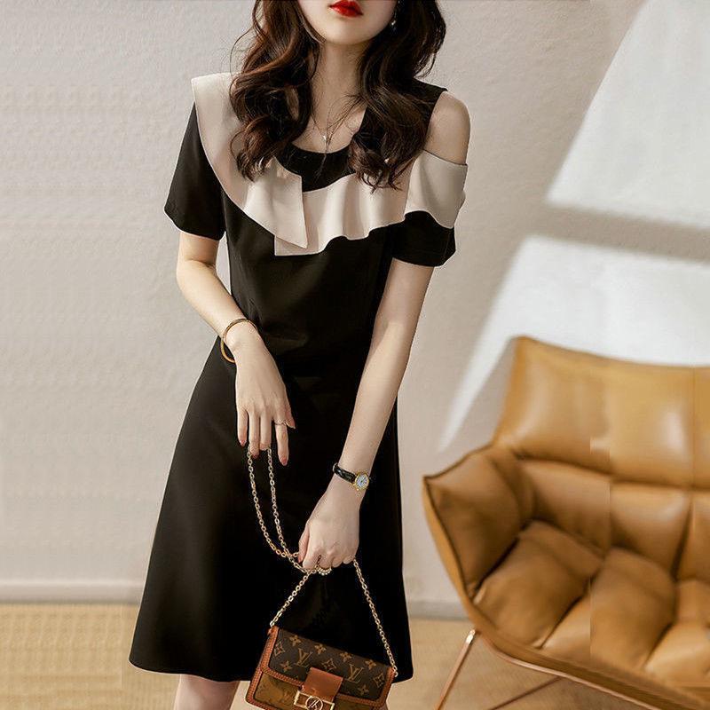 2024 Summer Off-Shoulder Elegant Slim Black Dress with Short Sleeves and Ruffled Design for Women