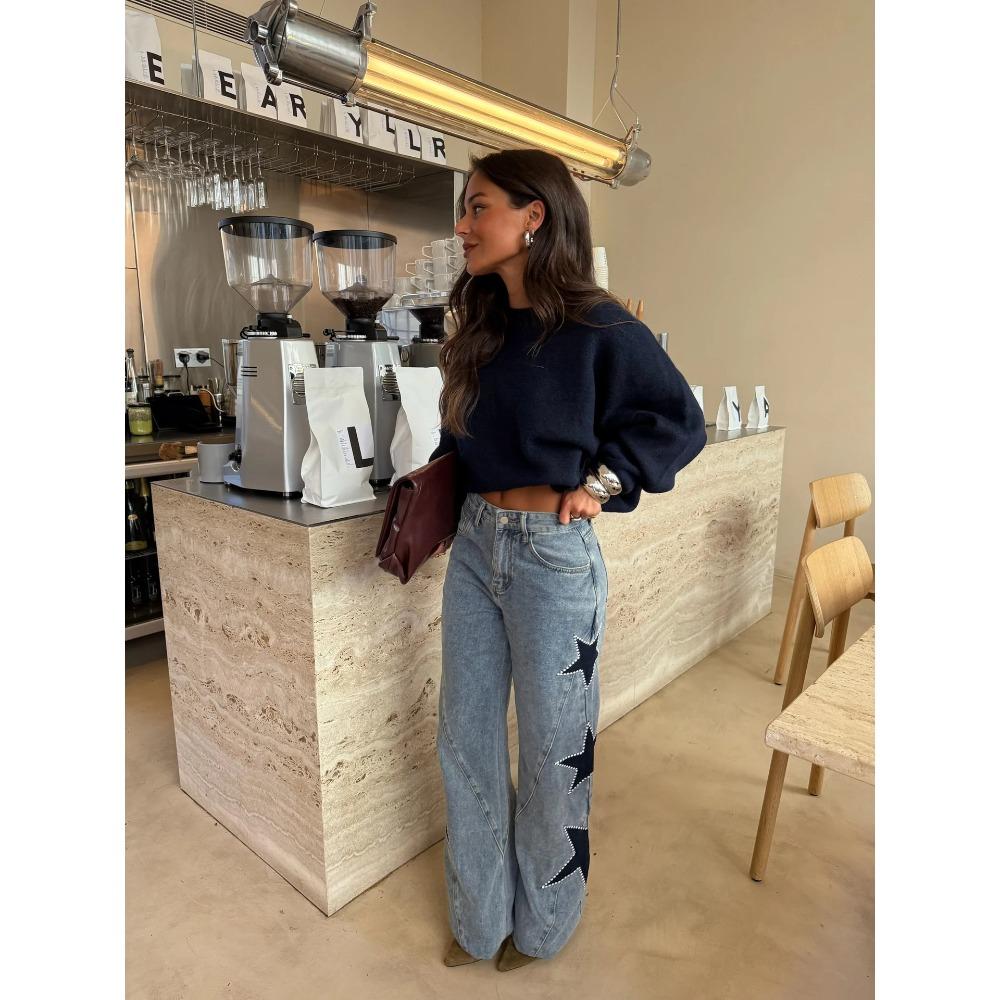 Women s High Waist Star Print Straight Leg Jeans Loose Fit Streetwear Wide Leg Denim Trousers S