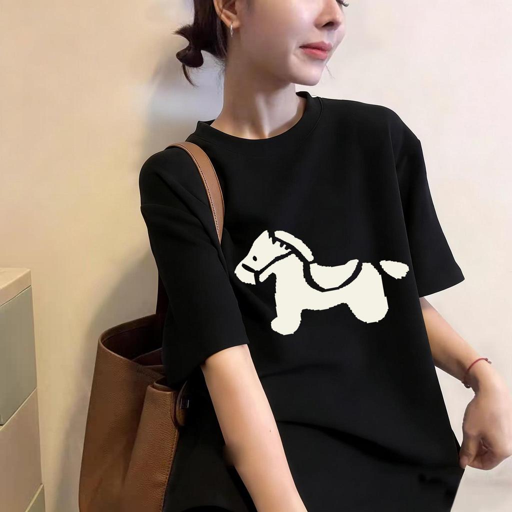 Korean Style Retro Short Sleeve T-Shirt with Small Horse Print, Round Neck Trendy Women's Top 2026.