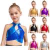 Girls Dance Crop Top Cross Keyhole Design Sparkly Sequins Metallic Material Jazz Latin Ballroom