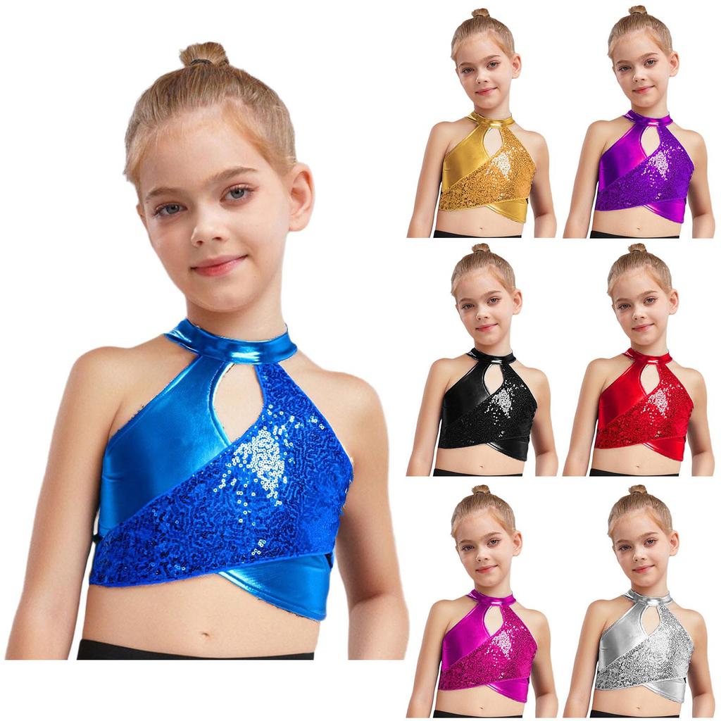 Girls Sparkly Sequins Metallic Crop Top Cross Keyhole Jazz Latin Ballroom Dance Costume