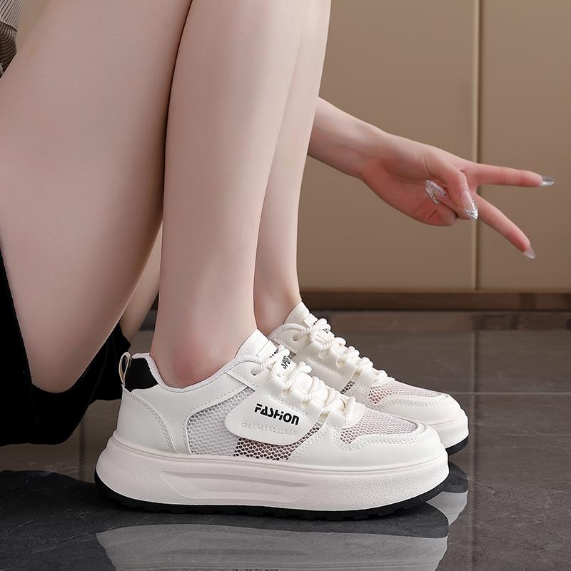 White shoes for women in summer, breathable mesh, thick sole, height increasing sports and leisure shoes