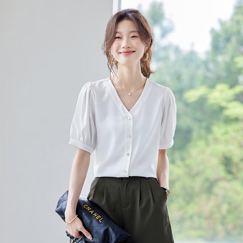 Tenuoman Women's Summer V-Neck Short Sleeve Chiffon Blouse