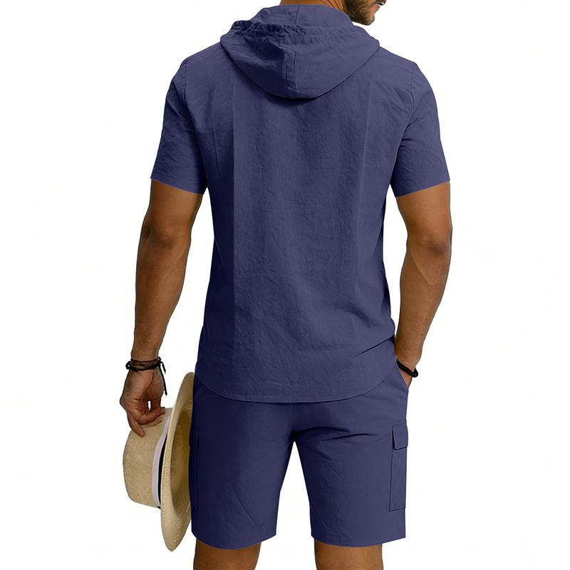 Men's Linen Hooded Shirt & Shorts Cardigan Set with Work Pants - Two-Piece Set in Stock.