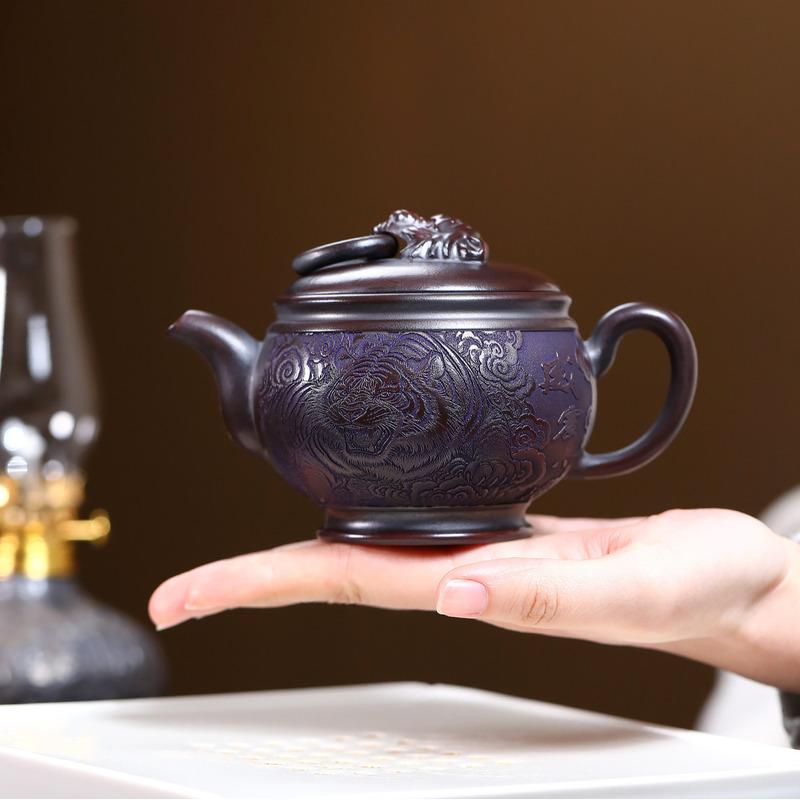

260ml Vintage Yixing Purple Clay Teapots Handmade Large Caliber Pot Raw Ore Antique Brass Mud Tea Infuser Kettle Zisha Tea Set